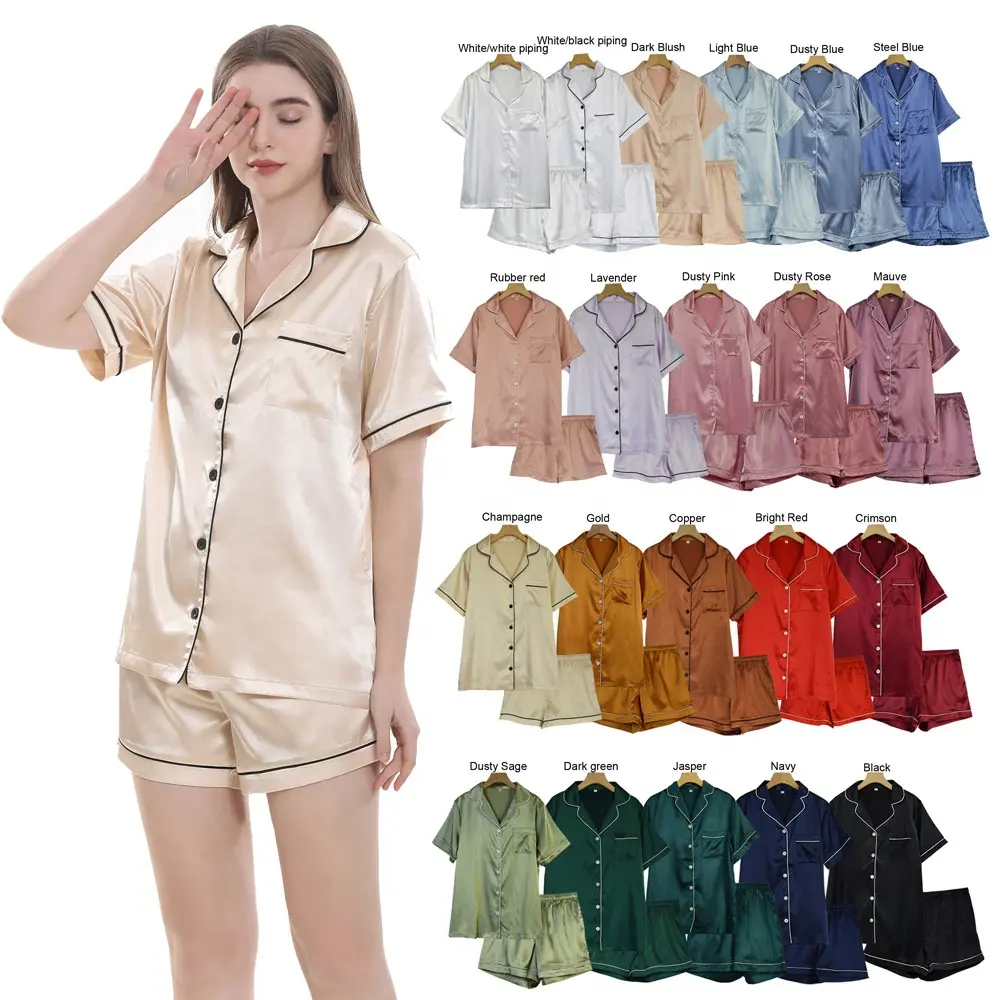 Blank Solid Color Women's Short Sleeves Trimmed Silk Satin Pyjamas Sleepwear