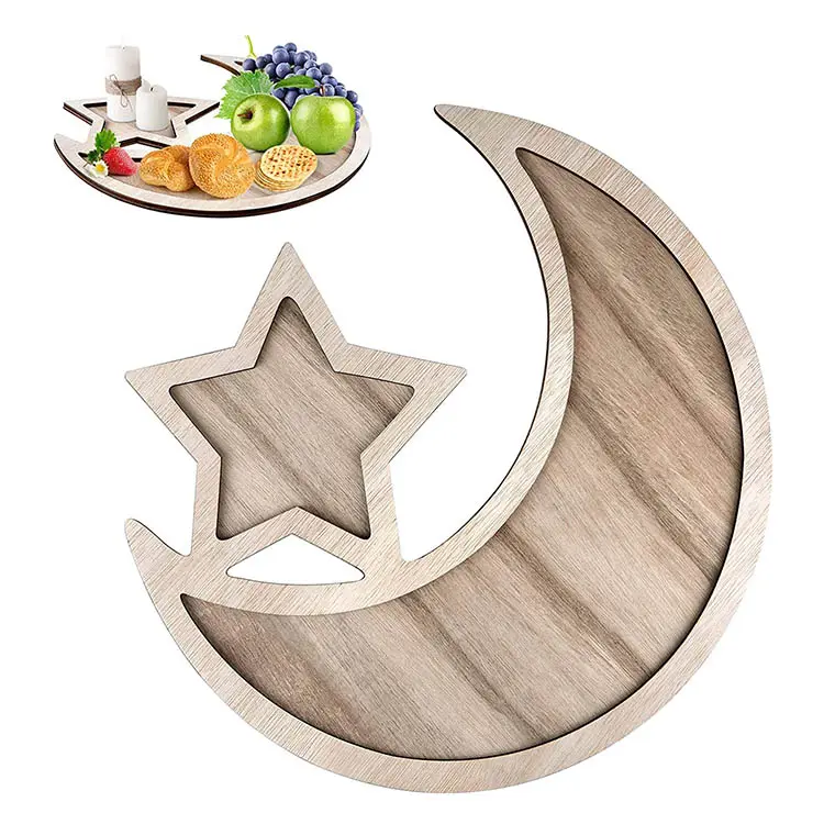 नई आगमन लकड़ी के स्टार चाँद आकार प्लेटें रमजान सेवारत ट्रे ईद मुबारक पार्टी खाना परोसने Tableware बच्चों प्लेट वर्धमान ट्रे