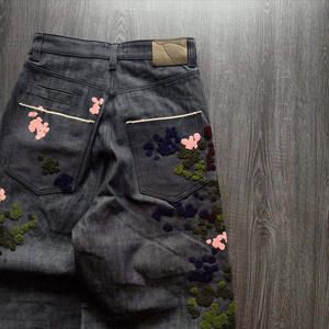 Jeans de Mezclilla Vintage para <span class=keywords><strong>Hombre</strong></span>, Lavado Ácido, Bordado Personalizado, Corte Ajustado y Holgado, Estilo Cargo, Pierna Ancha, Textura Rugosa - Product Image 2