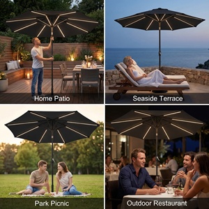 Sombrilla de Patio Redonda de 2.7m con Poste Central, Iluminación Solar LED y Varillas LED, con Manivela, <span class=keywords><strong>para</strong></span> <span class=keywords><strong>Terraza</strong></span>, Bistro o Comedor - Product Image 4