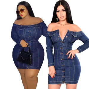 Best Selling Modern Clothes Plus Size Elasticity Bodycon Off Shoulder Denim Women Plus Size Dress