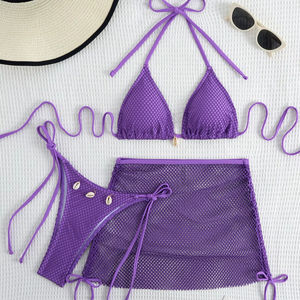 סט ביקיני חלקים 3 חלקים עם חצאית רשת נשימת ספנדקס נשימה/פוליאסטר חוף הקיץ - Product Image 3