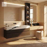 Meuble-lavabo mural de luxe XINGRUO avec double tiroir, plateau en marbre blanc, finition bois foncé, taille personnalisée pour salle de bain principale