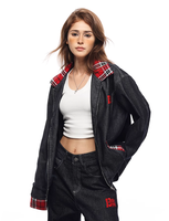 Veste en jean patchwork à carreaux en détresse technique lavée vintage pour femmes haut Streetwear à revers ample pour l'hiver et l'automne