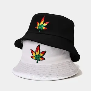 Hip Hop Topi Ombre Pria Wanita, Topi Ember Katun Bordir Daun Ganja Ganja Reggae Hijau Kuning Hijau