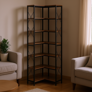 Estantería de Esquina en Forma de L de 7 Niveles, Estilo Industrial de Metal y Madera, Organizador de Almacenamiento para Sala de Estar, Estantería Independiente - Product Image 2