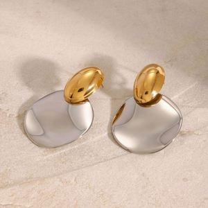 Pendientes de gota redondos de onda ovalada lisa de dos tonos de acero inoxidable de oro de 18K para mujer, pendientes de joyería que no se desvanecen para mujer - Product Image 3