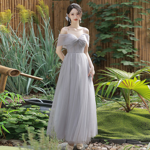 Grey Bridesmaid Dress A-Line Tulle Sweetheart Neckline Natural Waist Long Sleeve Casual Wedding Party Dress - Product Image 3