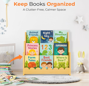 ชั้นวางหนังสือเด็ก 3 ชั้น ทำจากไม้ แบบ Montessori รูปทรงโค้งมน ชั้นวางหนังสือสำหรับเด็กเล็ก วางหน้าต่อหน้า ชั้นวางโชว์หนังสือสำหรับห้องเด็ก ห้องเล่น - Product Image 4