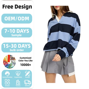 カスタム女性用縫製ストライプ長袖ラグビースポーツポロスタイル女性用ビンテージVネックプルオーバーTシャツ - Product Image 1