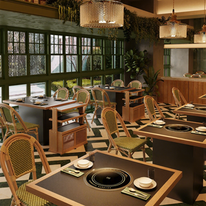 Ensemble de meubles de bistrot français moderne, chaise en aluminium tressé et table à manger carrée en bois pour café, restaurant - Product Image 4