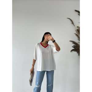 Camiseta Básica con Cuello en V para Mujer, 100% Algodón Jersey, Transpirable, Manga Regular, Blanca con Ribete Rojo - Product Image 2