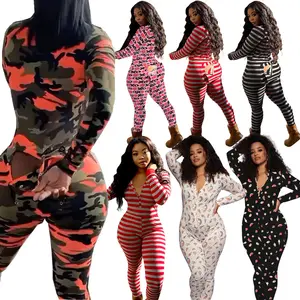 2021 Onesie Voor Vrouw Leuke Volwassen Onesie Pyjama Vrouwen Lounge Wear Slaap Camouflage Print Kanaal Rompers Met Butt Flap Voor vrouwen