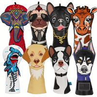 Housse de tête de club de golf amusante en cuir PU brodée avec des animaux (chien, éléphant, girafe), noire, résistante à l'eau, accessoires de golf