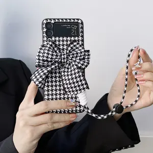 Sang Trọng 3D Hoa Trà Da Houndstooth Mô Hình Điện Thoại Trường Hợp Đối Với Samsung Galaxy Z Lật 4 3 Dây Đeo Vòng Đeo Tay Bảo Vệ Bìa