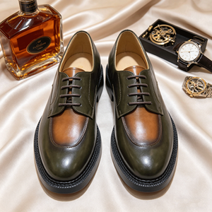Chaussures Derby en cuir vert olive vintage de luxe pour hommes, chaussures habillées à lacets à semelle épaisse et finition bruni, chaussures décontractées à bout amande - Product Image 2