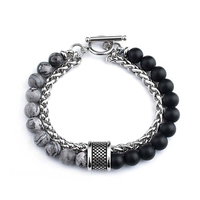 Bracelet double rang en œil de tigre jaune avec perles d'onyx noir mat et intercalaires métalliques, fermoir OT, bijoux commerciaux pour hommes