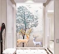 Papier peint mural style nordique avec motif de cerf, tissu mural gaufré 3D 8D de luxe pour la décoration de l'entrée, du couloir et du mur de fond