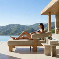 Chaise longue de luxe en teck massif pour l'extérieur, avec rembourrage épais, pour piscine, hôtel ou complexe hôtelier