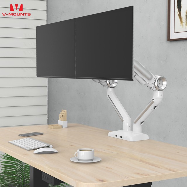 V-mounts Aluminum Alloy Dual Monitor Stand with USB Ports Cable Management Gas Spring 12KG Each Screen 13"-35" VM-GE62U in Stock