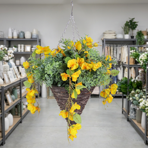 Panier <span class=keywords><strong>de</strong></span> fleurs artificielles en gros, orchidée jaune 3D suspendue, pot en plastique, feuilles vertes, longue durée <span class=keywords><strong>de</strong></span> vie, pour remise <span class=keywords><strong>de</strong></span> diplôme, mariage, jardin - Product Image 1