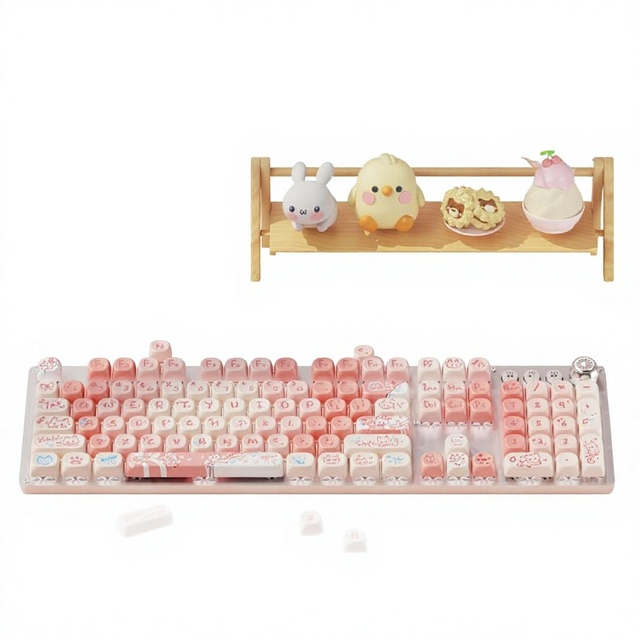 TK930 Rouge Kitty USB Wired Mechanical Keyboard with Backlit High-aesthetic pink Design for Womens Office Use and PC Gaming