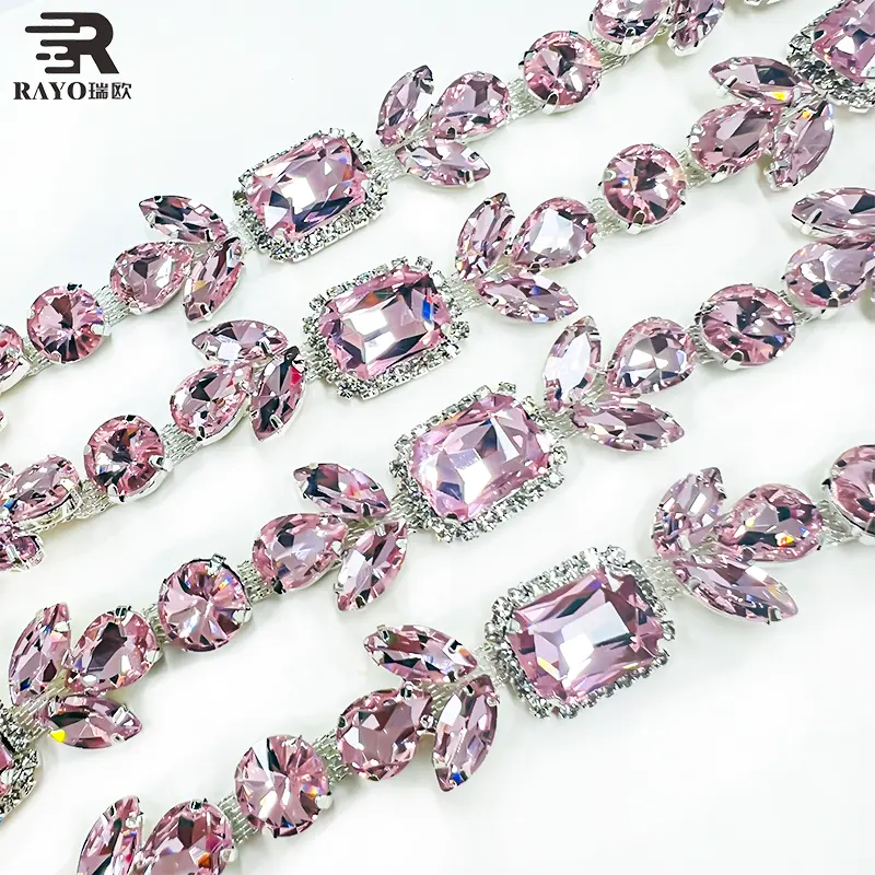 Silver Base Factory Wholesale New Design Crystal Rose Color Rhinestone Trimming Decorating Garment Shirt Accessories