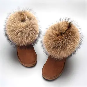 优质保暖冬季雪地靴女大小US 12 平跟妇女真正浣熊毛皮女短靴冬毛皮靴