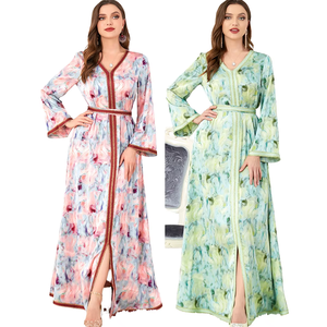 Women's Floral V Neck Abaya <b>Long</b> Sleeve Floor Length Modest <b>Dress</b> with Slit Lightweight Polyester Daily Wear - Product Image 2