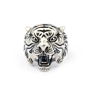 Rock punk hip hop tiger adjustable tiger 925 sterling silver ring gemstone ring heart ring