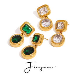 Geometric Drop <b>Earrings</b> 18K Gold Stainless Steel <b>Green</b> Zircon Crystal Bezel Setting Everyday Wear - Product Image 5