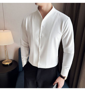 Camicia con scollo a V di fascia alta e Sexy, Design a maniche lunghe da <span class=keywords><strong>uomo</strong></span>, camicia con <span class=keywords><strong>colletto</strong></span> in piedi <span class=keywords><strong>senza</strong></span> <span class=keywords><strong>colletto</strong></span> e <span class=keywords><strong>senza</strong></span> cuciture - Product Image 6