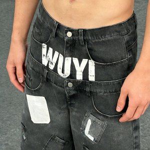 Men's Double Waist Denim Shorts Summer Casual Vintage Washed 3D Embroidery <b>Button</b> Detail Streetwear Custom Wholesale - Product Image 3