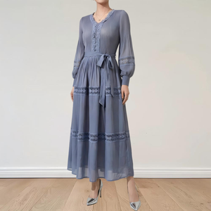 <span class=keywords><strong>Robe</strong></span> plissée élégante taille unique printemps-été, couleur unie, manches longues, modeste, chic, avec dentelle et broderie - Product Image 1