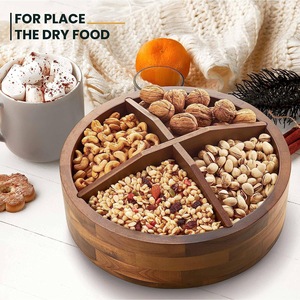 Bandeja redonda de madera para frutos secos, organizador de aperitivos de madera maciza con 4 compartimentos, caja de almacenamiento de escritorio para nueces y alimentos secos - Product Image 1