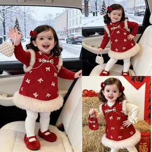 Tongxingyuan Baby Girls Chinese Style Cheongsam Dress Red New Year Outfit With Fur Trim And Bow Detail For Celebration - Product Image 3