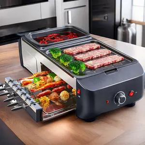 Multifunctional 3-in-1 Indoor Electric BBQ Kebab Grill Machine Smokeless Hotpot 6 String Kebab Aluminum Material Household