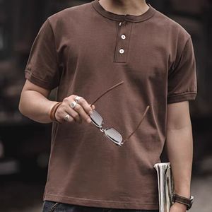 230Gヘビーヘンリー糸染めニット100%オーガニックコットンメンズサマー半袖Tシャツアメリカンレトロスタイル無地スマート - Product Image 1