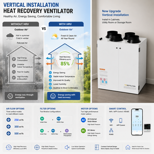 Système de ventilation <span class=keywords><strong>VMC</strong></span> à double flux ERV, ventilateur de récupération de chaleur mural vertical, moteur AC/DC haute pression pour maison - Product Image 2
