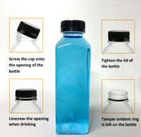Bouteilles Carrées en Plastique Transparent Personnalisées de 100 ml, 250 ml, 500 ml, 12 oz, 16 oz, avec Bouchon, pour Entreprises de Jus