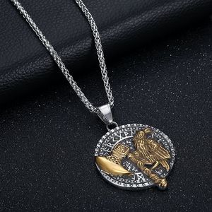 <b>Viking</b> <b>Axe</b> Odin Raven Titanium Steel Pendant Necklace Men's Vintage Gold Plated Round Animal Design Gift Jewelry - Product Image 2