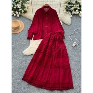 Элегантный комплект из 2-х предметов, Женская Осенняя блузка в стиле французского двора, свободная блузка с длинными рукавами, расклешенная юбка миди с высокой талией - Product Image 1