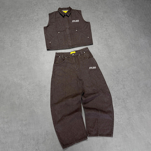 <b>Custom</b> Heavyweight Brown Jeans <b>Denim</b> Set Zipper <b>Denim</b> Vest <b>Jackets</b> And Jeans Baggy For Men Two Piece Jean Suit Manufacturer - Product Image 1