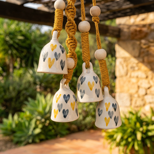 Cloche murale en céramique faite à la main avec imprimé cœur jaune et gris et perles en bois, décoration rustique de Noël - Product Image 5