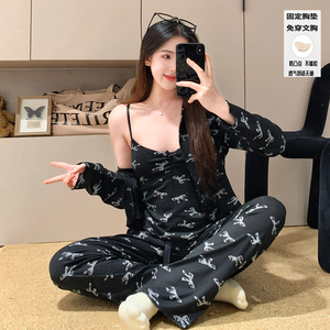 Bộ đồ ngủ mùa thu Bộ đồ ngủ nữ modal Sling Quần ba mảnh đặt cố định ngực Pad Đồ Ngủ Ngọt Ngào và thoải mái - Product Image 1