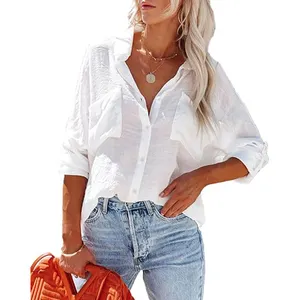 Womens Button Down Shirts Bamboo Linen Cotton Roll-up Long Sleeve Blouses Top with Pockets V Neck Casual Solid Tunics