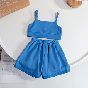 बच्चों कोरिया शैली लड़की आकस्मिक फैशन बच्चा आउटफिट 2023 गर्मियों लड़की बच्चे का पट्टा फसल शीर्ष और शॉर्ट्स दो टुकड़े सेट - Product Image 6