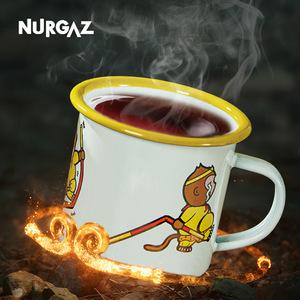 NURGAZ Tasse en émail blanche avec bord jaune, design Wukong, pour camping et extérieur, forme ronde 07024 - Product Image 4