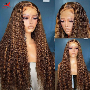 HQ Mixed Proc Discount 13*4 Lace Frontal Wig Deep Curly Brazilian Human Raw <b>Hair</b> 200% 250% Density Highlight Bouncy Curly Wig - Product Image 3