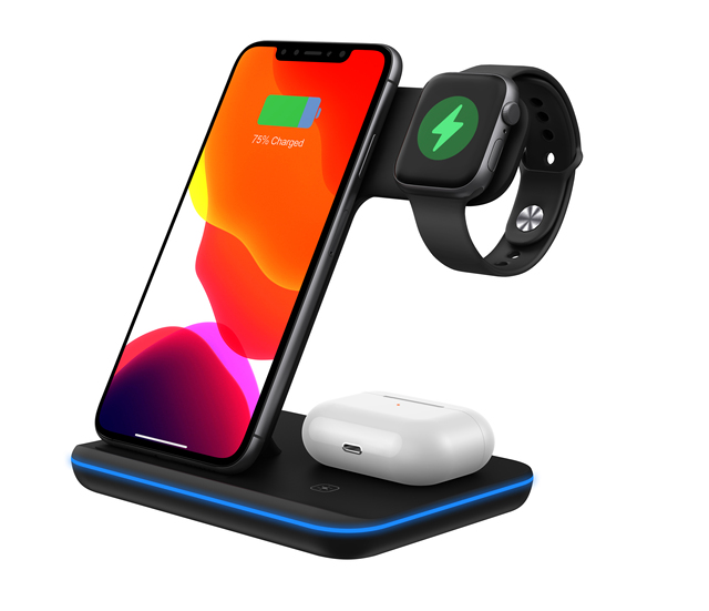 Multi-function Z5A 3 in 1 15W Fast Wireless Charger Phone Watch Earphone Stand Desktop Charging Station With Touch Led Light